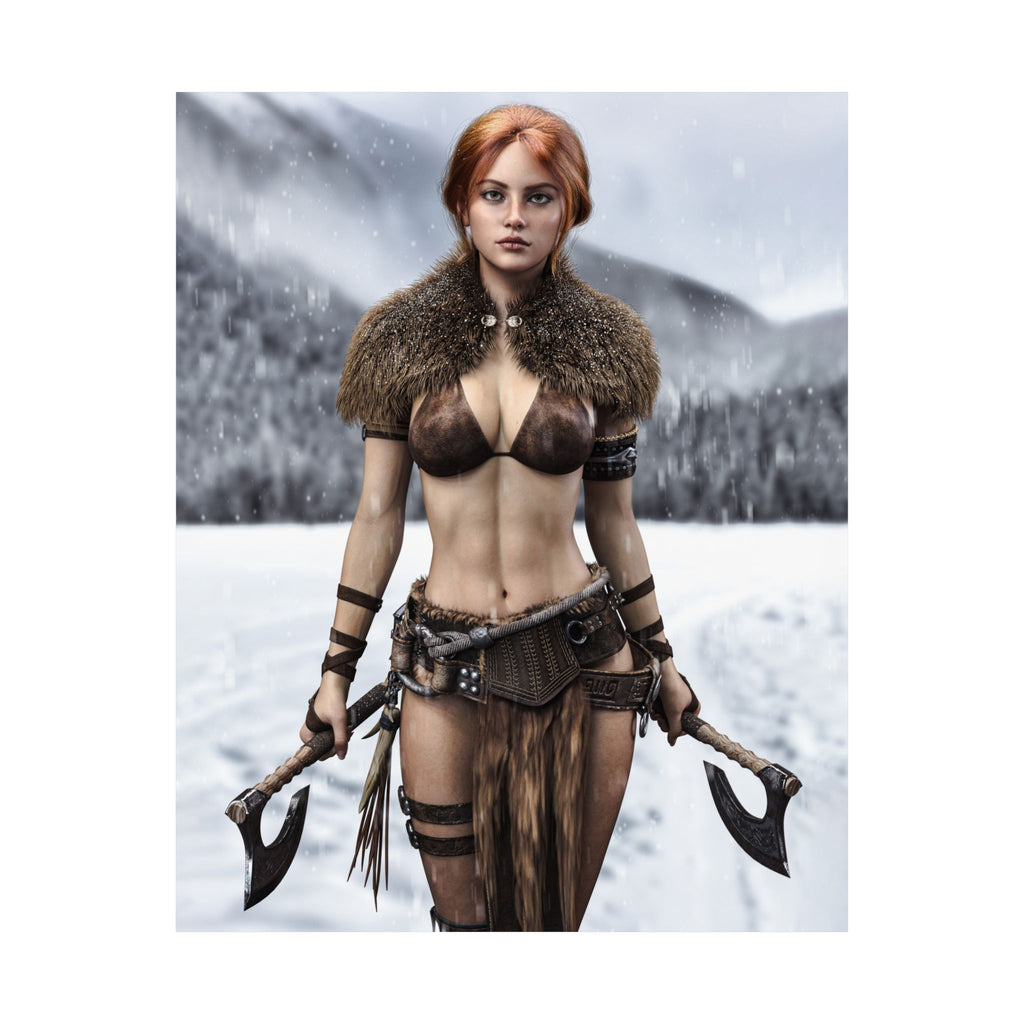 Original handcrafted fantasy artwork featuring a Viking shield maiden standing in a snowy Nordic landscape holding twin battle axes while wearing fur-lined armor beneath falling snow.