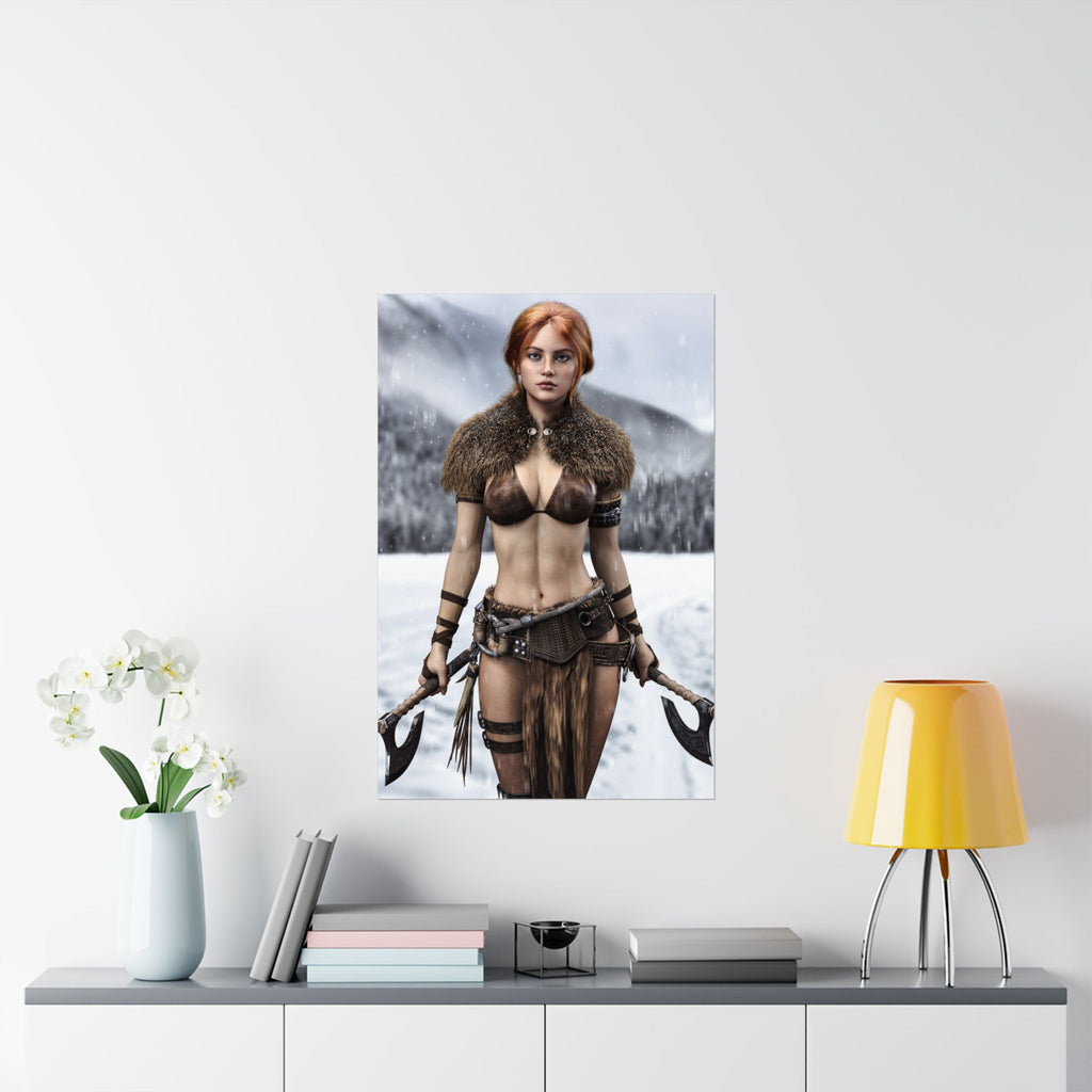 Original handcrafted fantasy artwork featuring a Viking shield maiden standing in a snowy Nordic landscape holding twin battle axes while wearing fur-lined armor beneath falling snow.