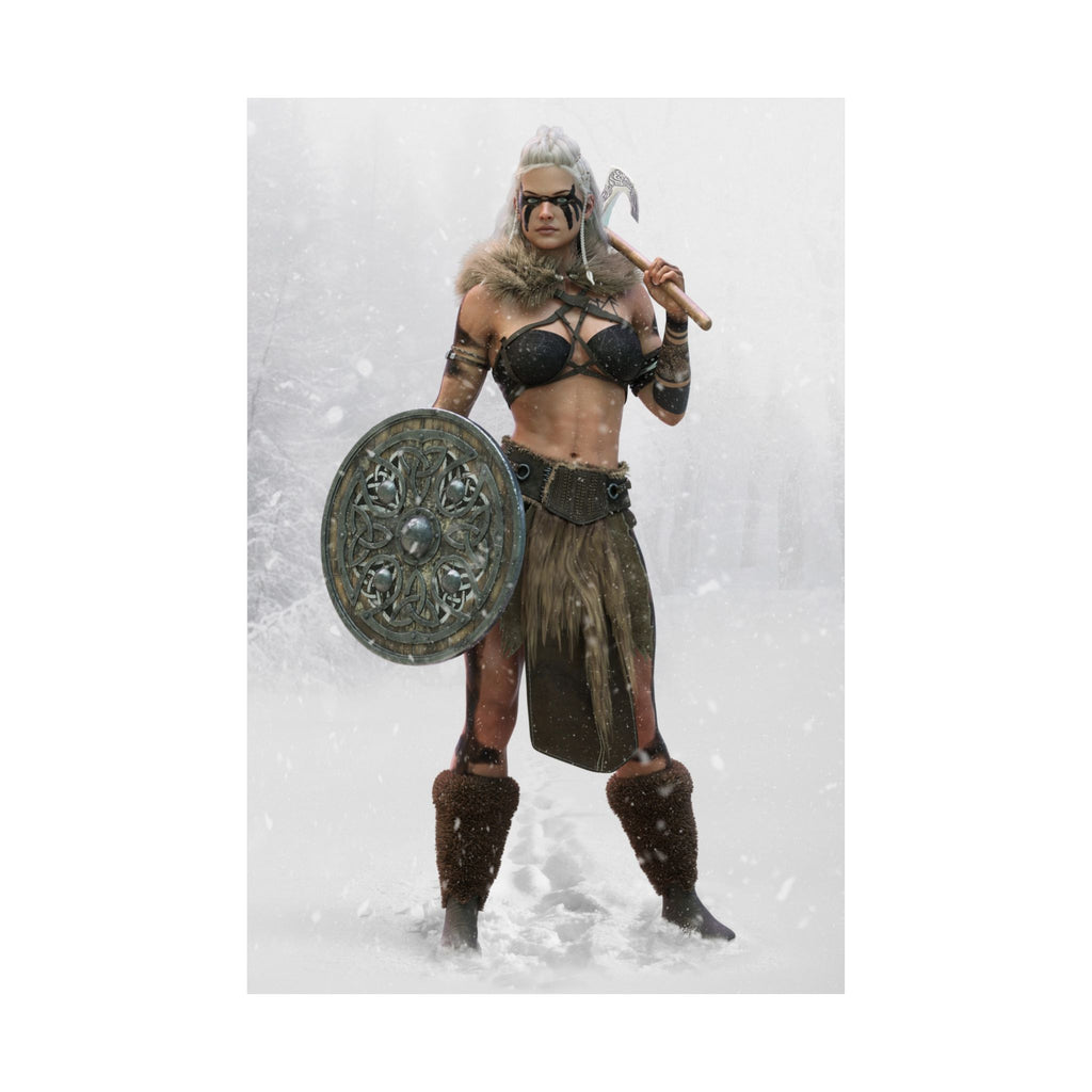 Handcrafted fantasy artwork of a Viking shield maiden wearing fur-lined armor with war paint, holding an ornate round shield and battle axe while standing in a snowy Nordic landscape.