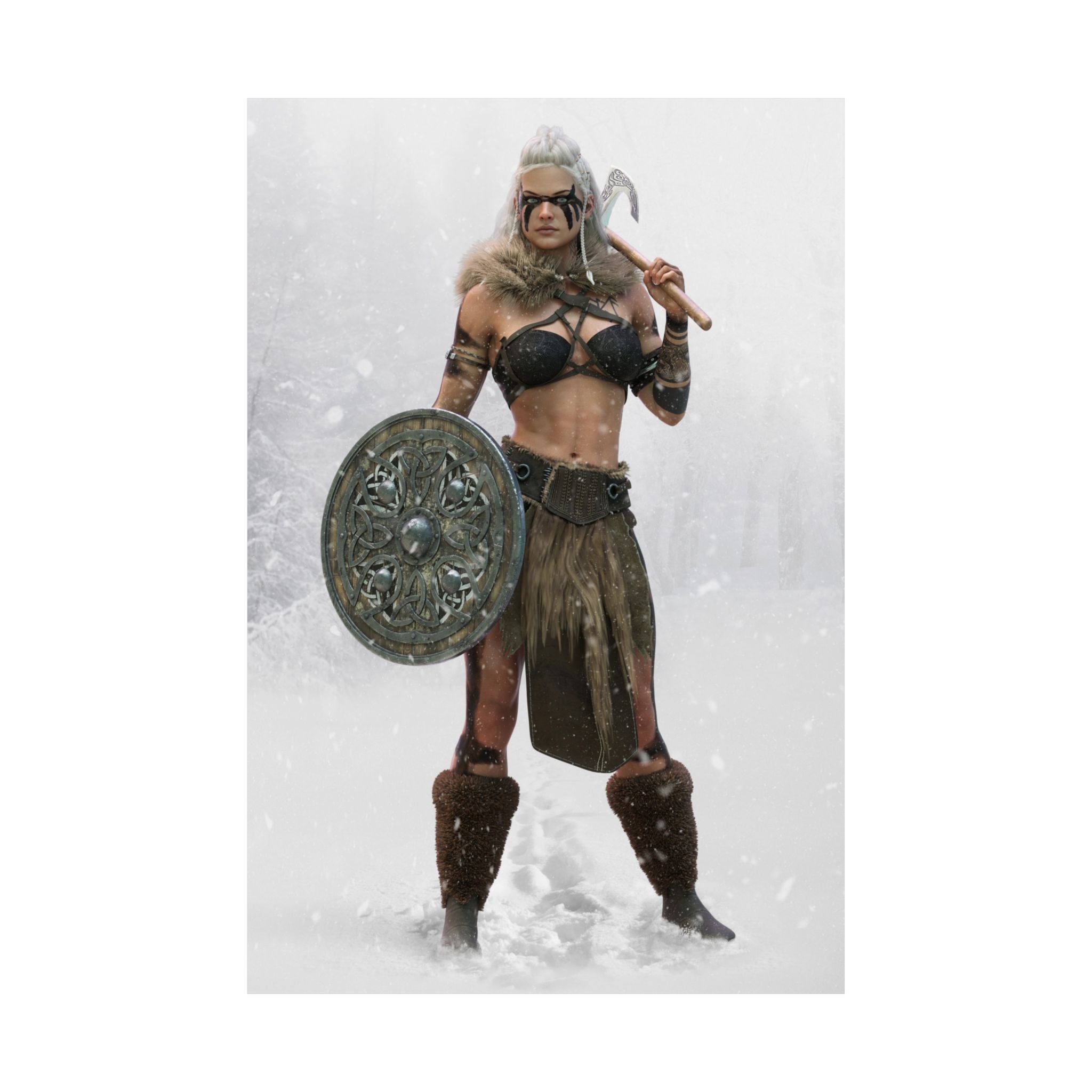 Handcrafted fantasy artwork of a Viking shield maiden wearing fur-lined armor with war paint, holding an ornate round shield and battle axe while standing in a snowy Nordic landscape.