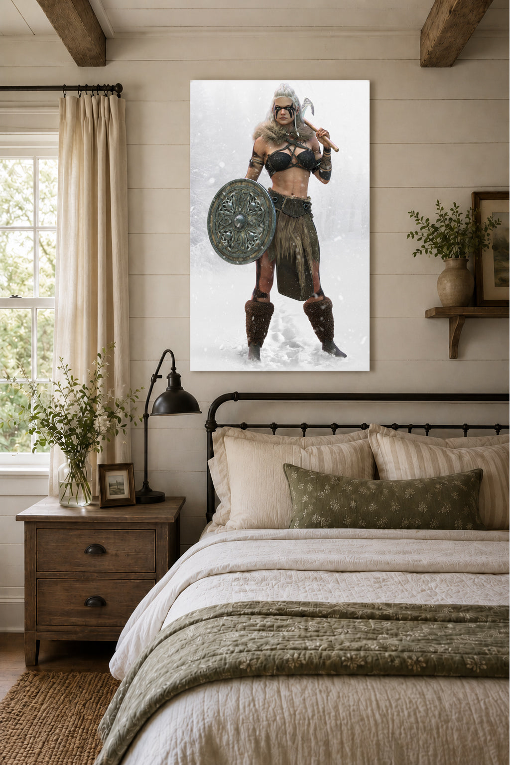 Handcrafted fantasy artwork of a Viking shield maiden wearing fur-lined armor with war paint, holding an ornate round shield and battle axe while standing in a snowy Nordic landscape.