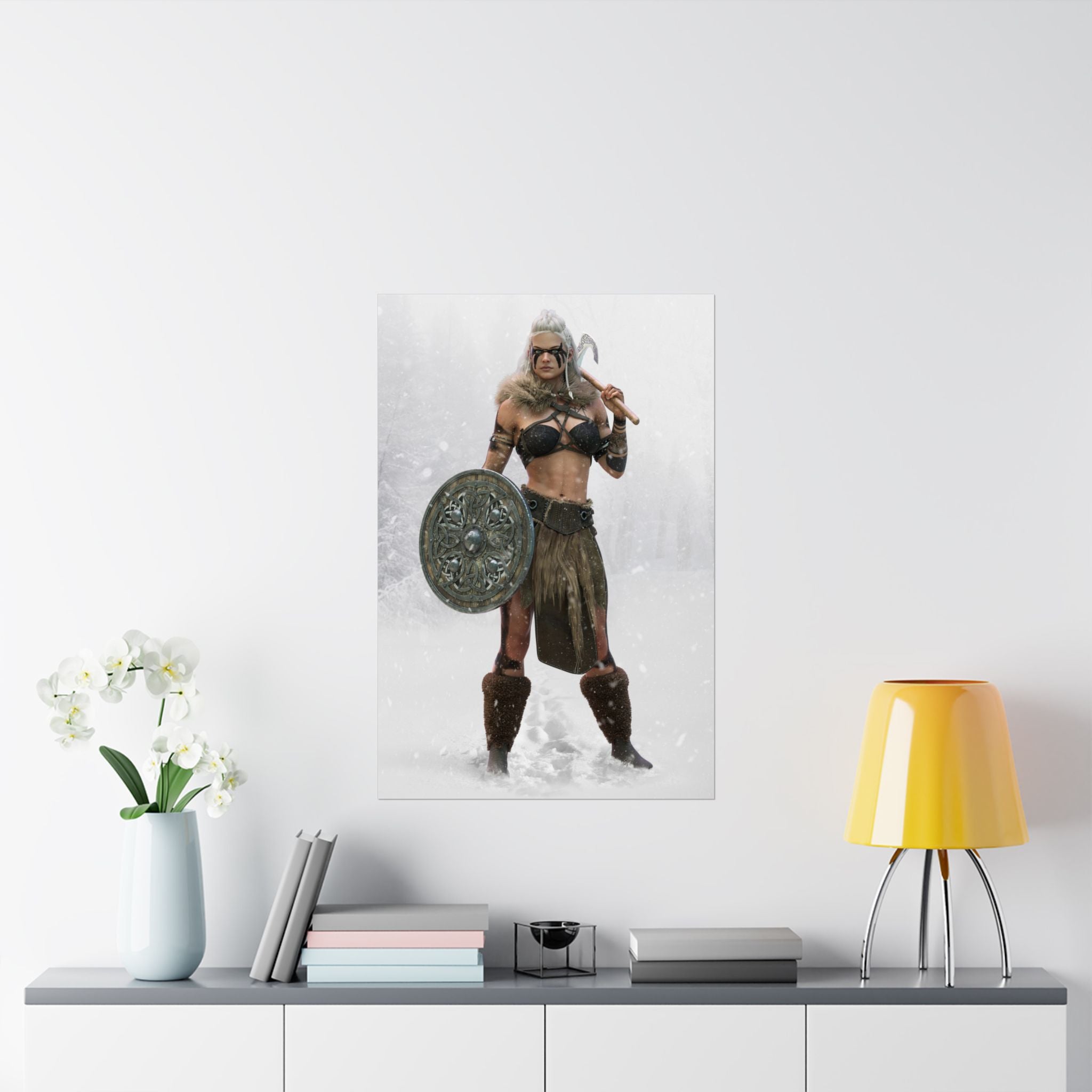 Handcrafted fantasy artwork of a Viking shield maiden wearing fur-lined armor with war paint, holding an ornate round shield and battle axe while standing in a snowy Nordic landscape.