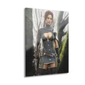 A hand-crafted fantasy illustration of a fearless female elf ranger standing in an enchanted forest with an ornate carved longbow, quiver of arrows, chainmail armor, leather belts, and polished shoulder armor. Cinematic lighting, realistic textures, and lush woodland scenery create an immersive fantasy adventure.