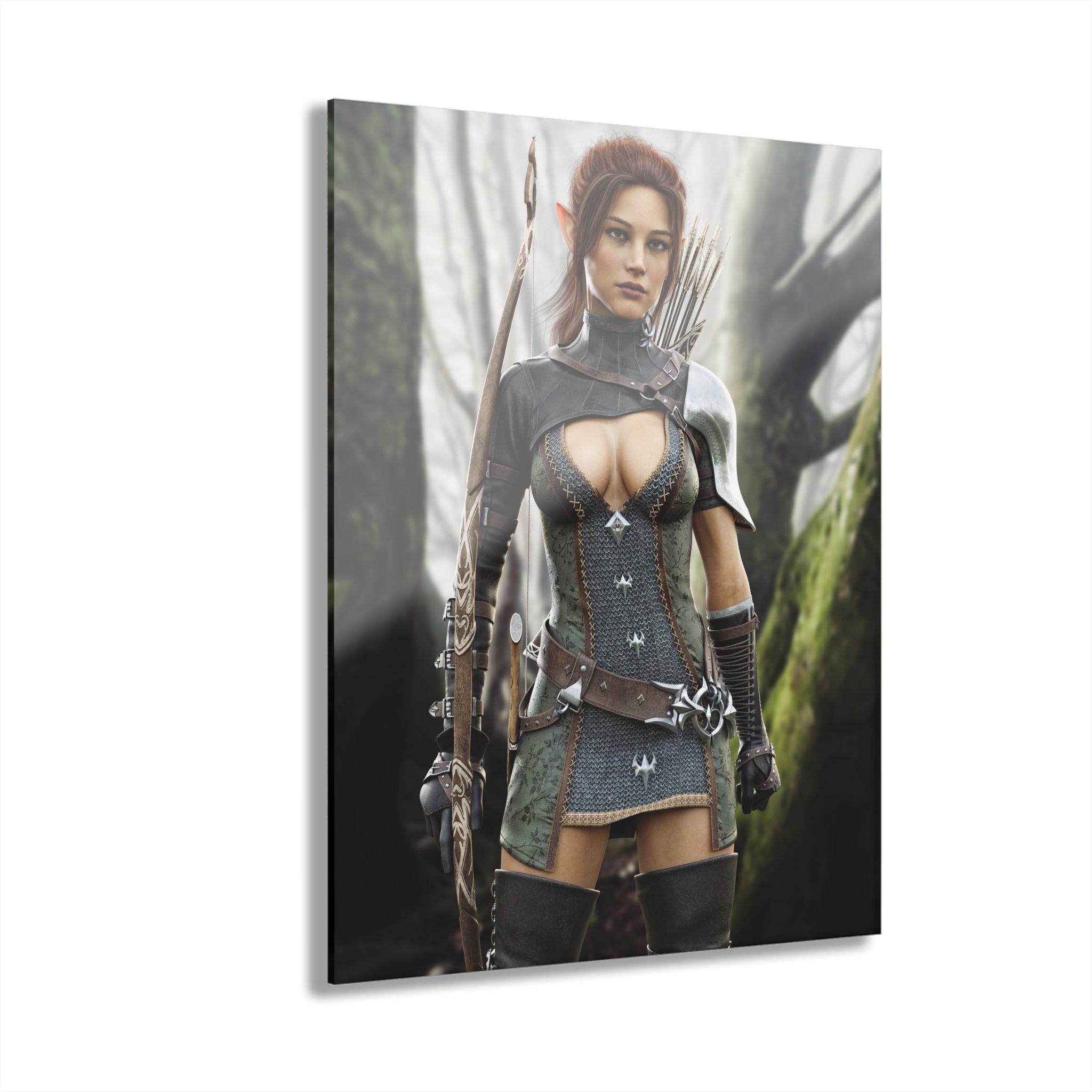 A hand-crafted fantasy illustration of a fearless female elf ranger standing in an enchanted forest with an ornate carved longbow, quiver of arrows, chainmail armor, leather belts, and polished shoulder armor. Cinematic lighting, realistic textures, and lush woodland scenery create an immersive fantasy adventure.