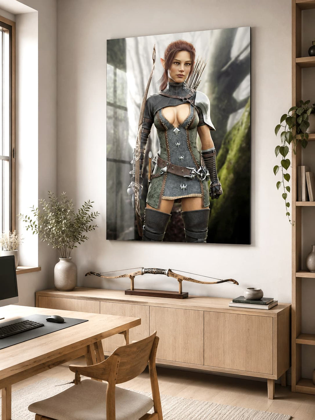 A hand-crafted fantasy illustration of a fearless female elf ranger standing in an enchanted forest with an ornate carved longbow, quiver of arrows, chainmail armor, leather belts, and polished shoulder armor. Cinematic lighting, realistic textures, and lush woodland scenery create an immersive fantasy adventure.