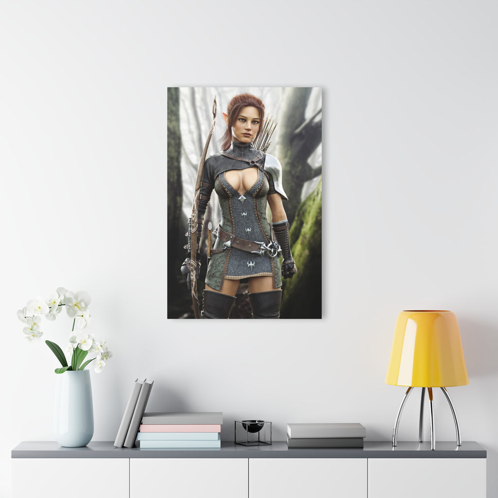 A hand-crafted fantasy illustration of a fearless female elf ranger standing in an enchanted forest with an ornate carved longbow, quiver of arrows, chainmail armor, leather belts, and polished shoulder armor. Cinematic lighting, realistic textures, and lush woodland scenery create an immersive fantasy adventure.