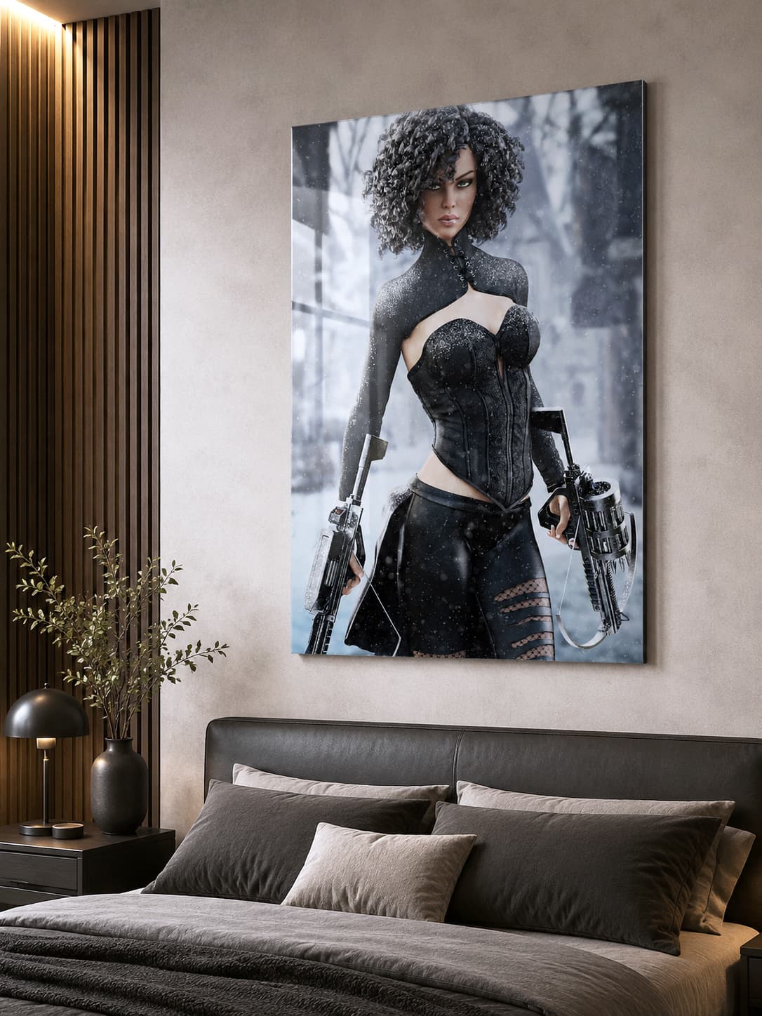 A fearless fantasy female hunter stands in a snowy forest holding dual futuristic crossbows. Wearing an elegant black battle outfit with intricate textures, she stares confidently ahead as snow falls around her. Cinematic lighting, realistic details, and an icy fantasy landscape create an epic illustration inspired by fantasy and science fiction adventures.