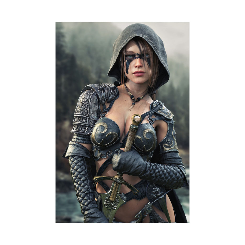 Handcrafted fantasy artwork featuring a hooded female ranger wearing ornate armor and war paint while holding a detailed longsword against a misty forest and mountain backdrop.