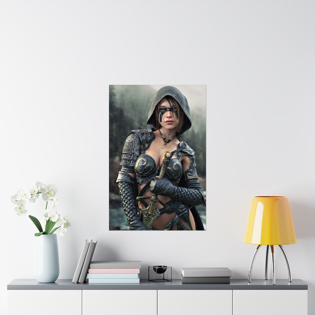 Handcrafted fantasy artwork featuring a hooded female ranger wearing ornate armor and war paint while holding a detailed longsword against a misty forest and mountain backdrop.