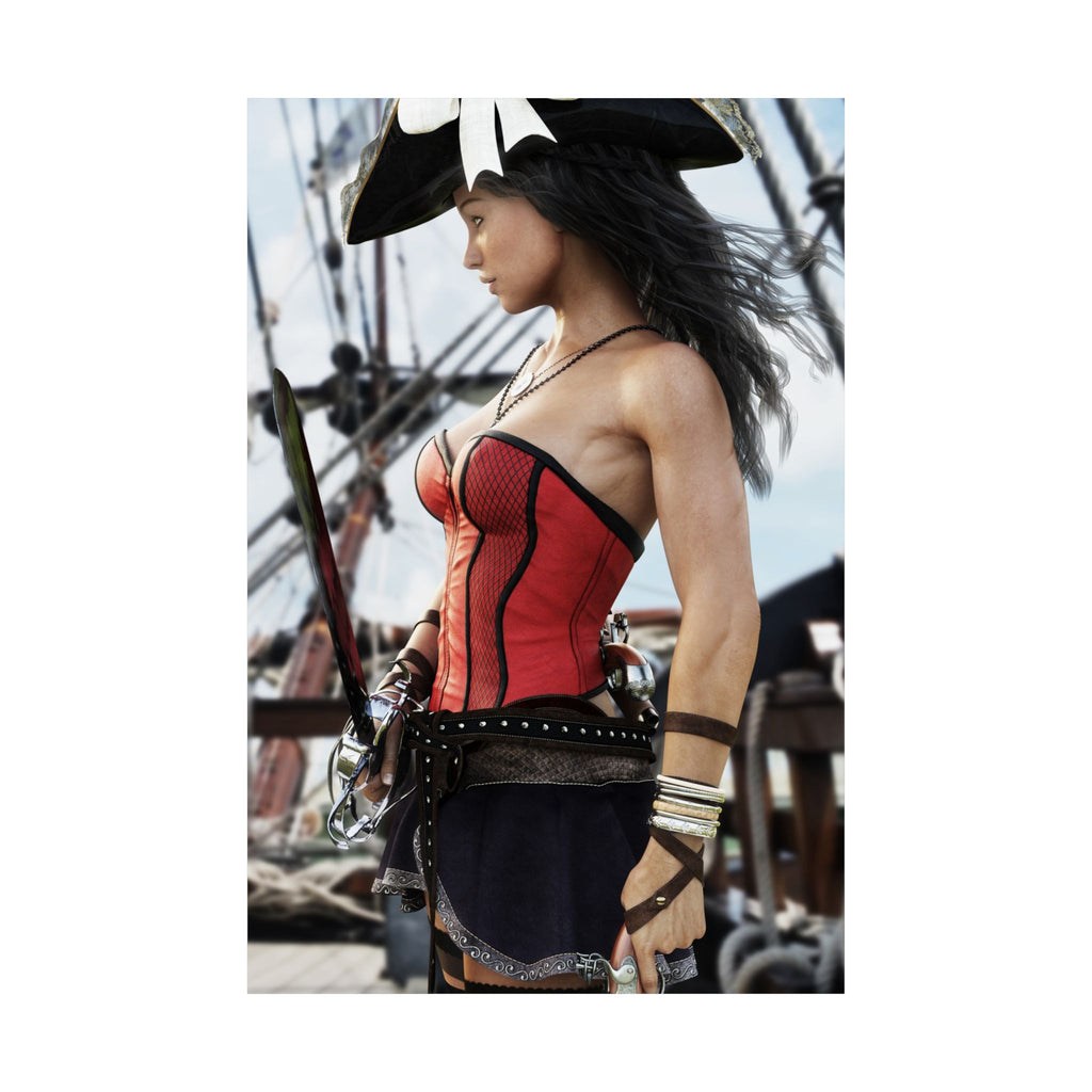 Handcrafted female pirate captain standing aboard a historic sailing ship wearing a red corset, tricorne hat, and holding a pirate saber.