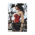 Handcrafted female pirate captain standing aboard a historic sailing ship wearing a red corset, tricorne hat, and holding a pirate saber.