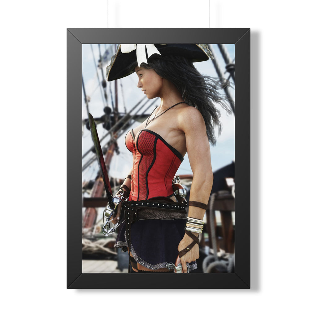 Handcrafted female pirate captain standing aboard a historic sailing ship wearing a red corset, tricorne hat, and holding a pirate saber.