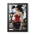 Handcrafted female pirate captain standing aboard a historic sailing ship wearing a red corset, tricorne hat, and holding a pirate saber.