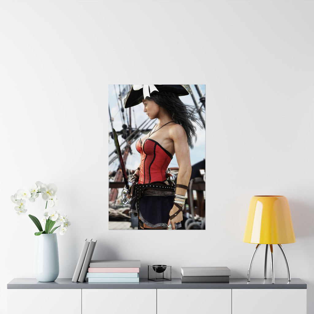 Handcrafted female pirate captain standing aboard a historic sailing ship wearing a red corset, tricorne hat, and holding a pirate saber.