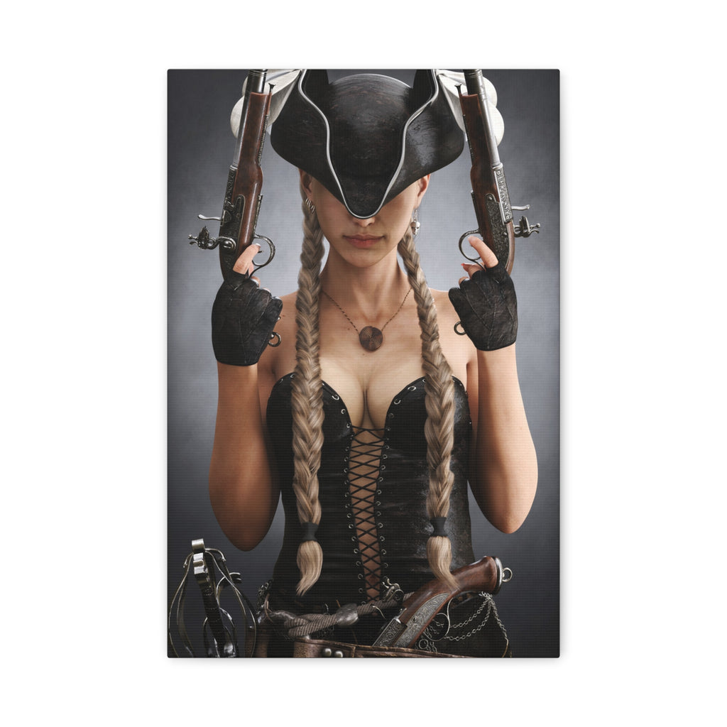 Original handcrafted portrait of a female pirate captain wearing a tricorne hat and black corset while holding twin engraved flintlock pistols.