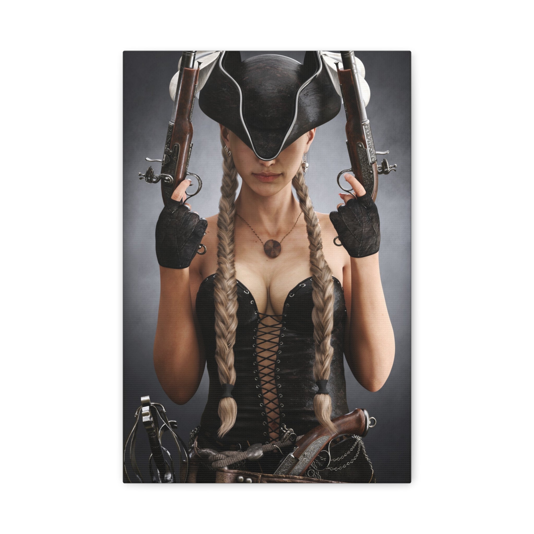 Original handcrafted portrait of a female pirate captain wearing a tricorne hat and black corset while holding twin engraved flintlock pistols.