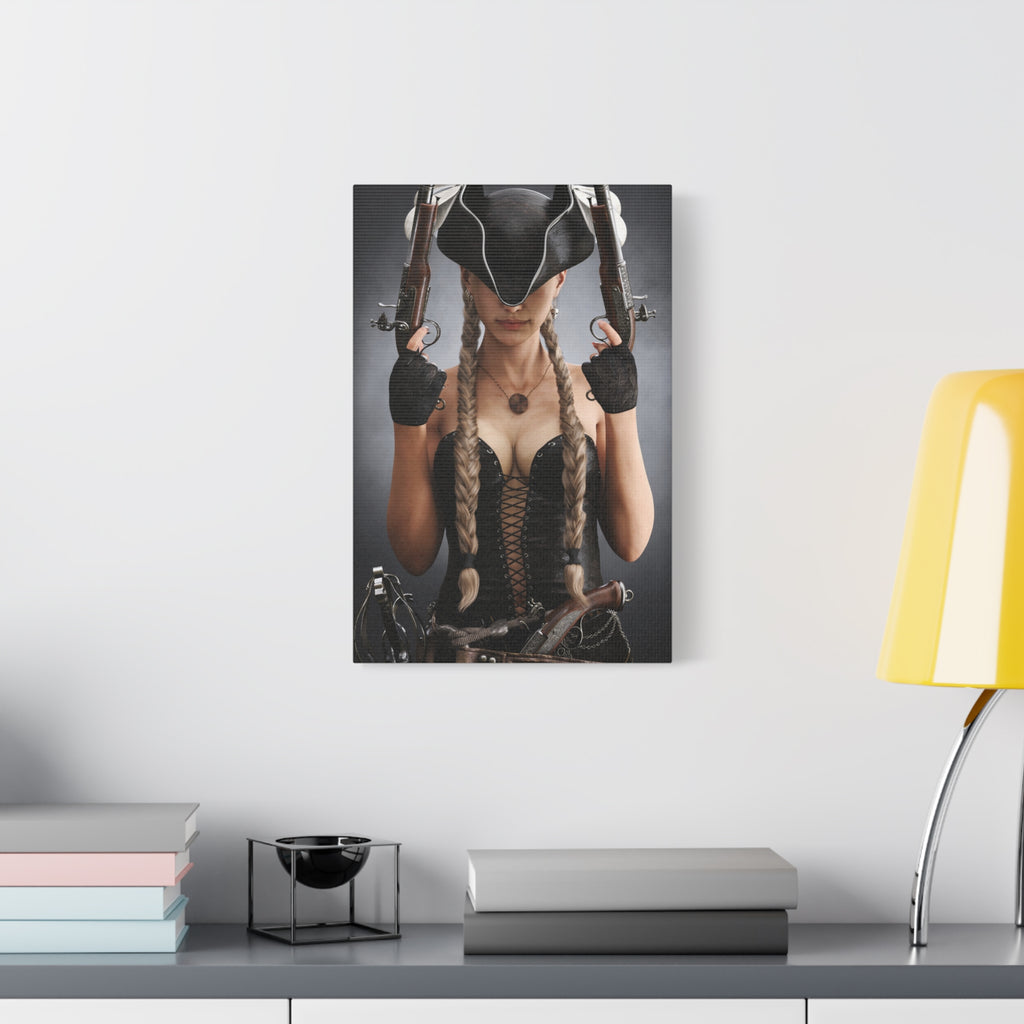 Original handcrafted portrait of a female pirate captain wearing a tricorne hat and black corset while holding twin engraved flintlock pistols.