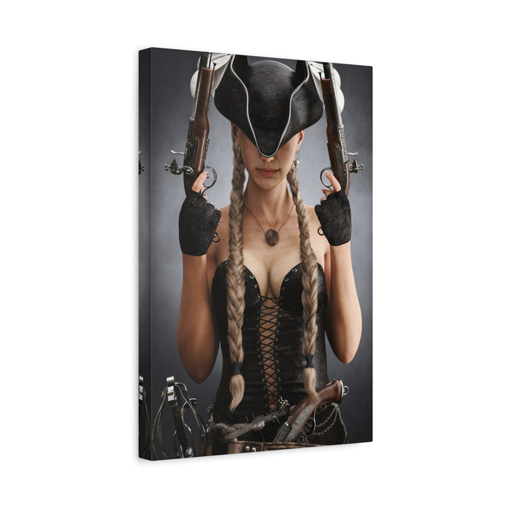 Original handcrafted portrait of a female pirate captain wearing a tricorne hat and black corset while holding twin engraved flintlock pistols.