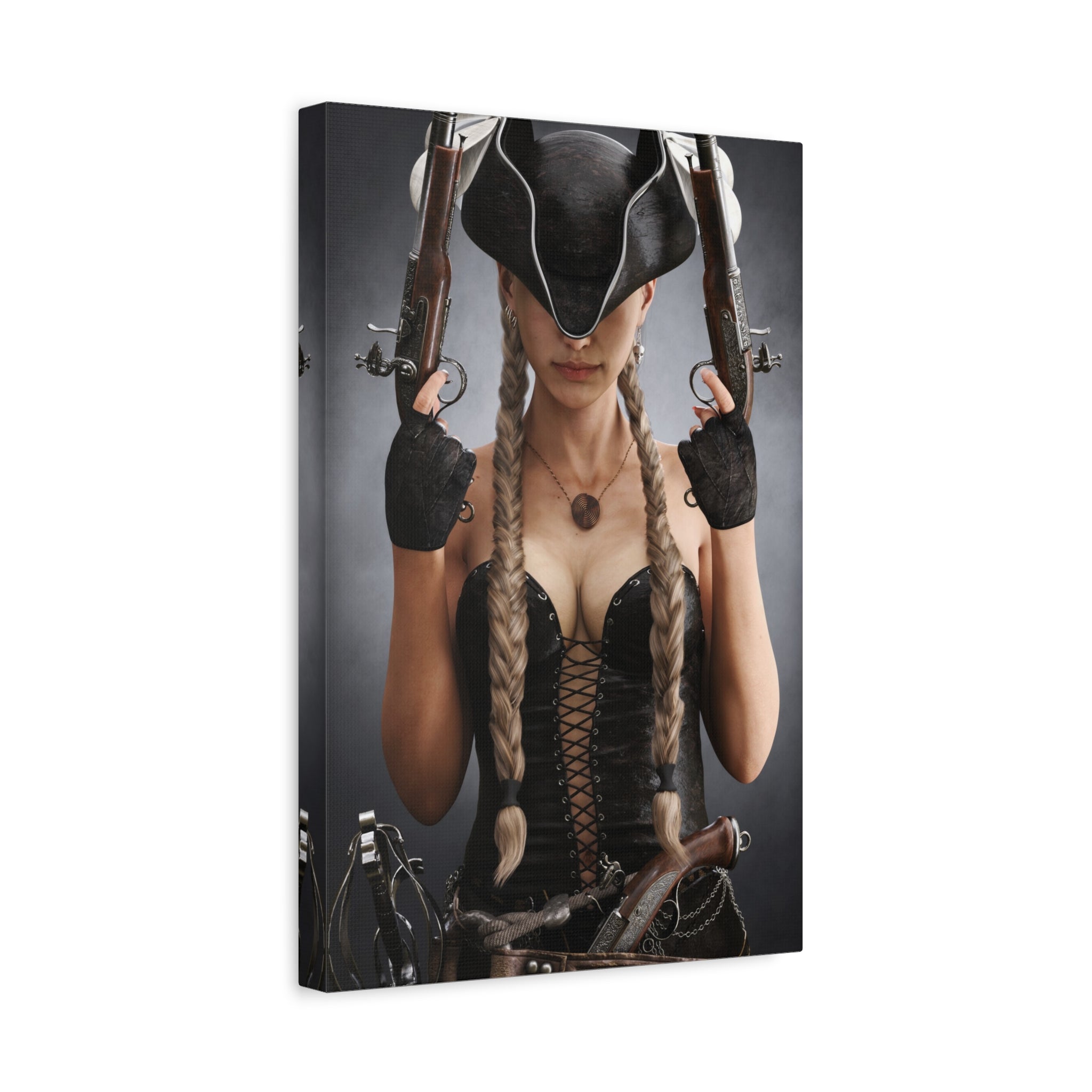Original handcrafted portrait of a female pirate captain wearing a tricorne hat and black corset while holding twin engraved flintlock pistols.