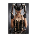 Original handcrafted portrait of a female pirate captain wearing a tricorne hat and black corset while holding twin engraved flintlock pistols.