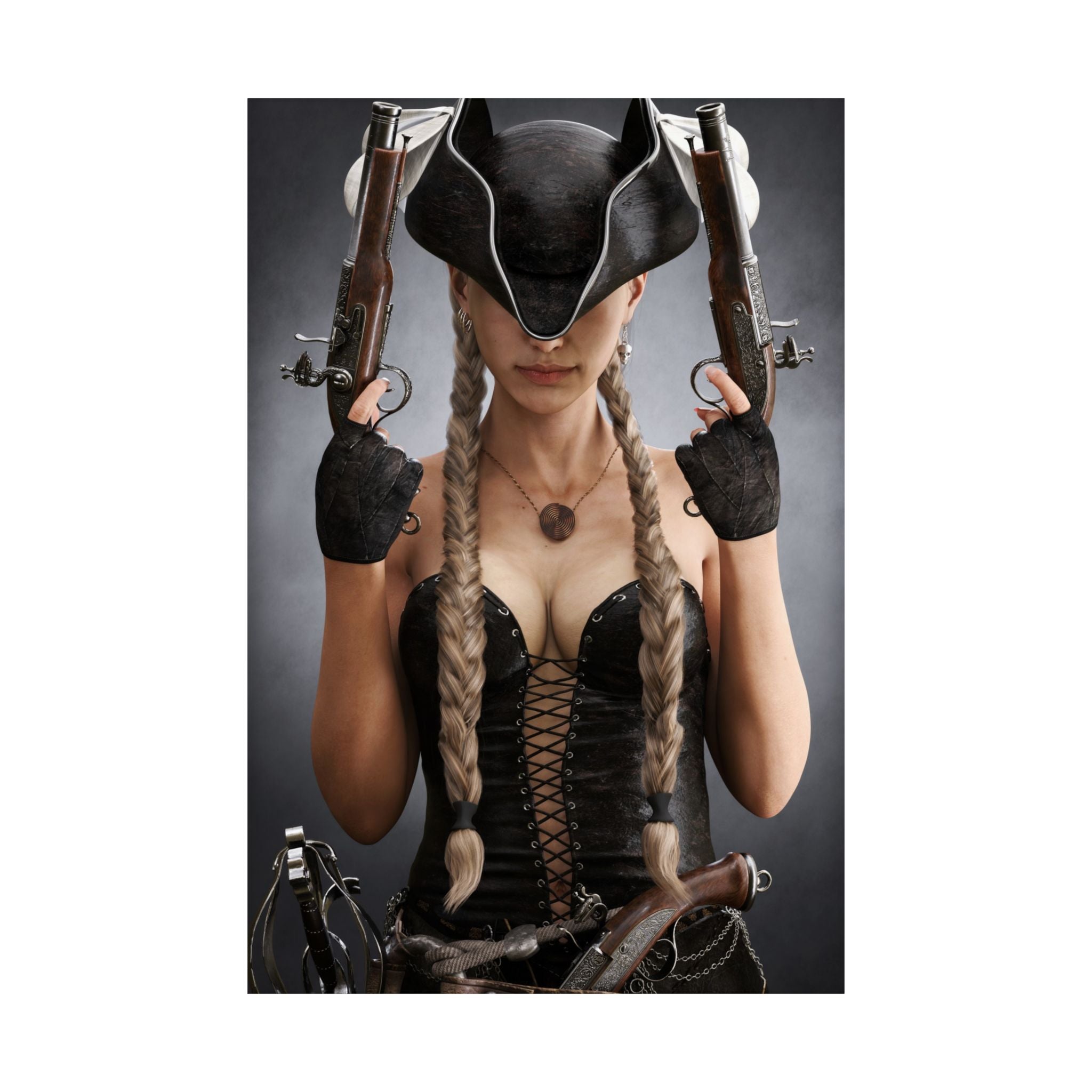 Original handcrafted portrait of a female pirate captain wearing a tricorne hat and black corset while holding twin engraved flintlock pistols.