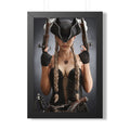 Original handcrafted portrait of a female pirate captain wearing a tricorne hat and black corset while holding twin engraved flintlock pistols.