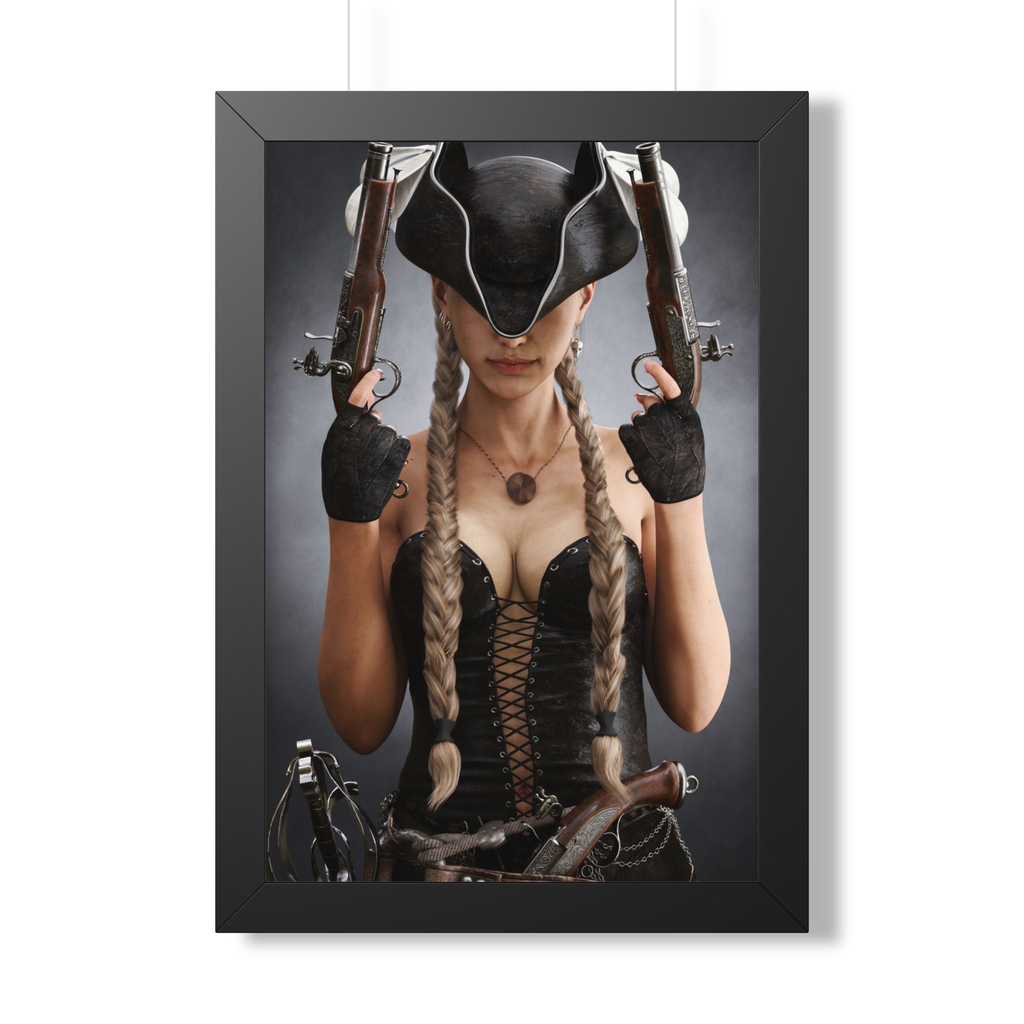 Original handcrafted portrait of a female pirate captain wearing a tricorne hat and black corset while holding twin engraved flintlock pistols.