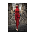 Original handcrafted fantasy artwork featuring a masked female assassin in a crimson battle suit wielding twin daggers while walking through ancient stone ruins beneath dramatic skies.