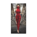 Original handcrafted fantasy artwork featuring a masked female assassin in a crimson battle suit wielding twin daggers while walking through ancient stone ruins beneath dramatic skies.