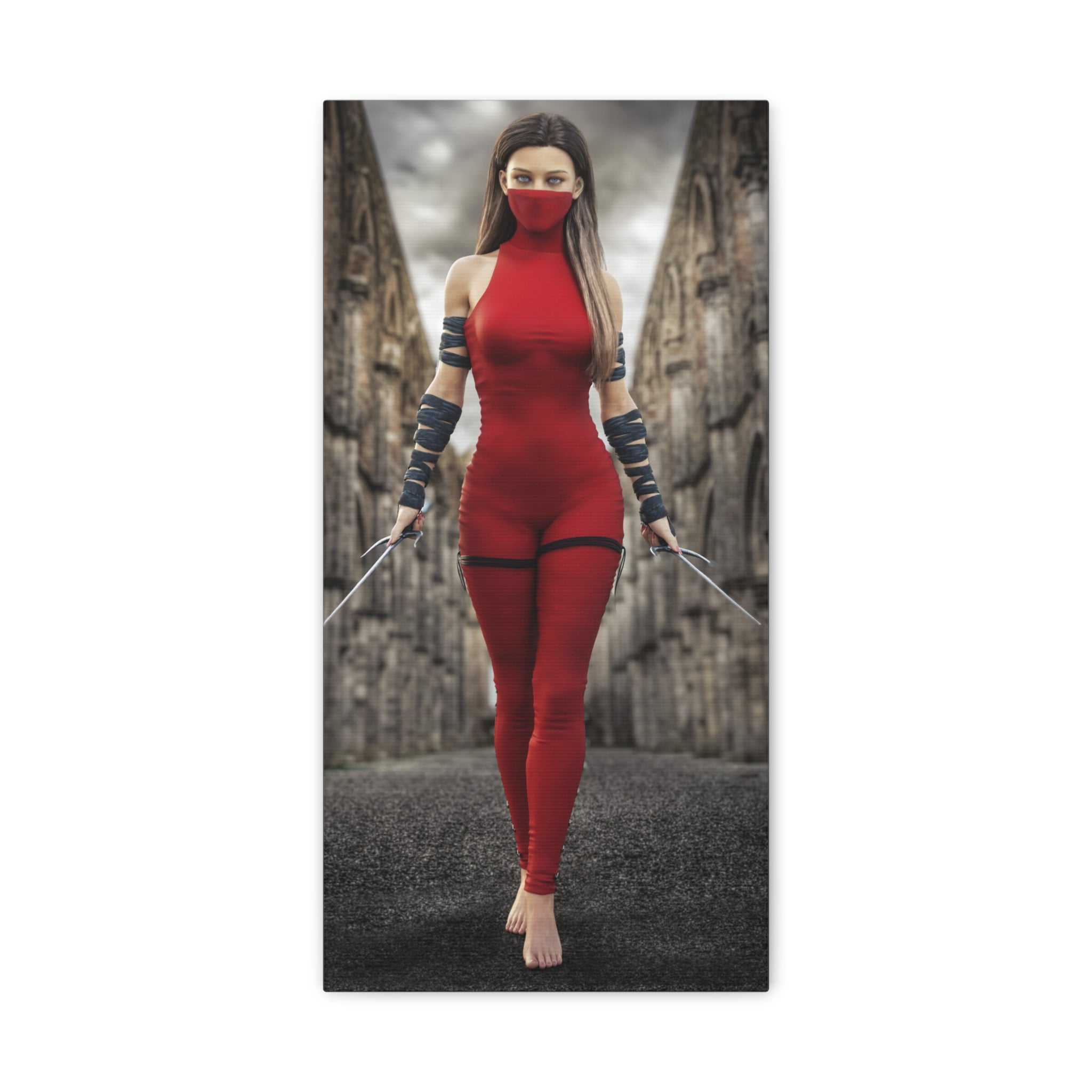 Original handcrafted fantasy artwork featuring a masked female assassin in a crimson battle suit wielding twin daggers while walking through ancient stone ruins beneath dramatic skies.