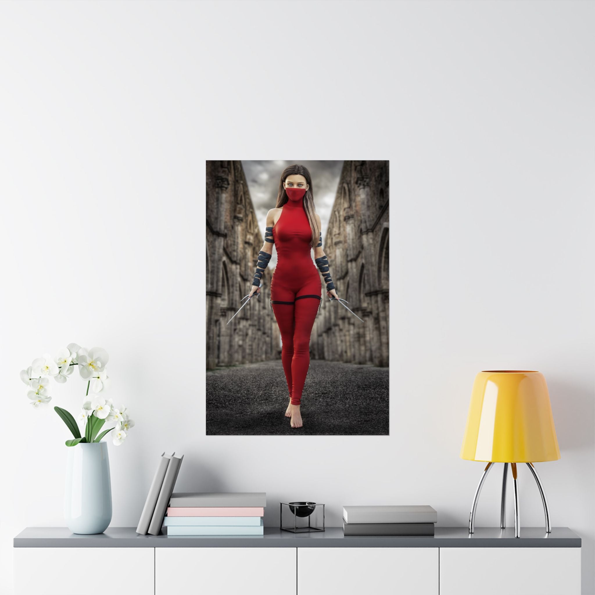 Original handcrafted fantasy artwork featuring a masked female assassin in a crimson battle suit wielding twin daggers while walking through ancient stone ruins beneath dramatic skies.