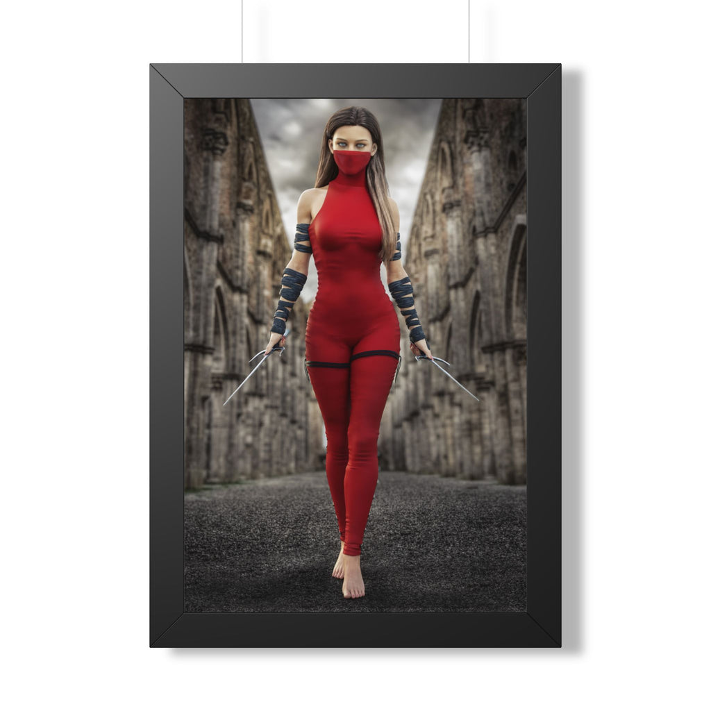 Original handcrafted fantasy artwork featuring a masked female assassin in a crimson battle suit wielding twin daggers while walking through ancient stone ruins beneath dramatic skies.