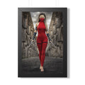 Original handcrafted fantasy artwork featuring a masked female assassin in a crimson battle suit wielding twin daggers while walking through ancient stone ruins beneath dramatic skies.