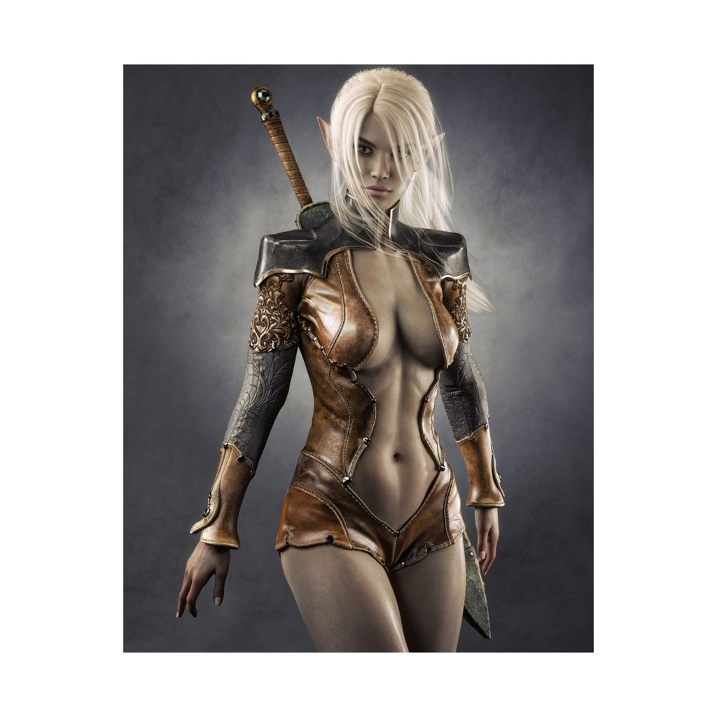 Hand-crafted fantasy artwork featuring a white-haired dark elf warrior wearing ornate leather armor with engraved sleeves and shoulder guards, standing confidently with a sword on her back against a dramatic studio background.