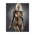 Hand-crafted fantasy artwork featuring a white-haired dark elf warrior wearing ornate leather armor with engraved sleeves and shoulder guards, standing confidently with a sword on her back against a dramatic studio background.