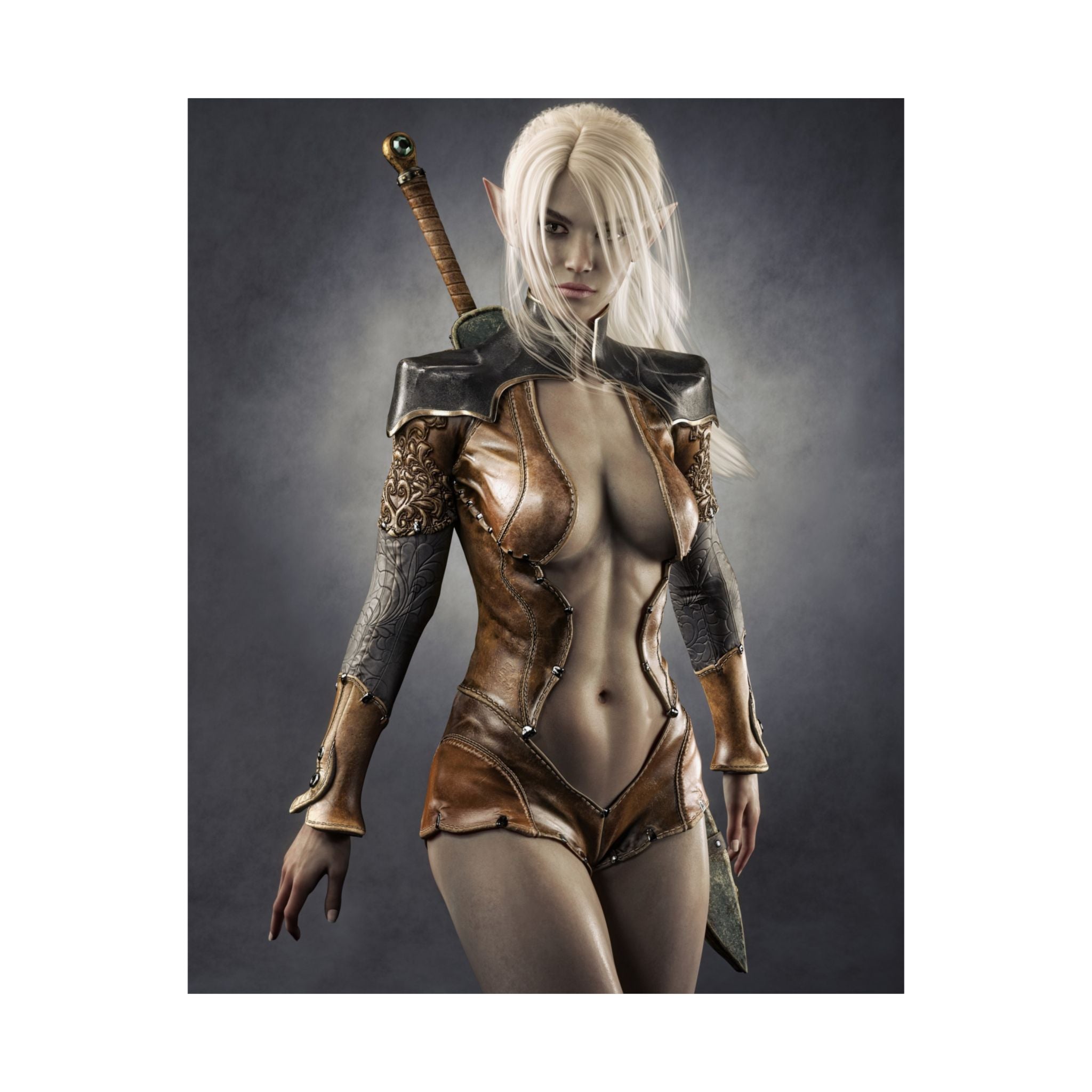 Hand-crafted fantasy artwork featuring a white-haired dark elf warrior wearing ornate leather armor with engraved sleeves and shoulder guards, standing confidently with a sword on her back against a dramatic studio background.