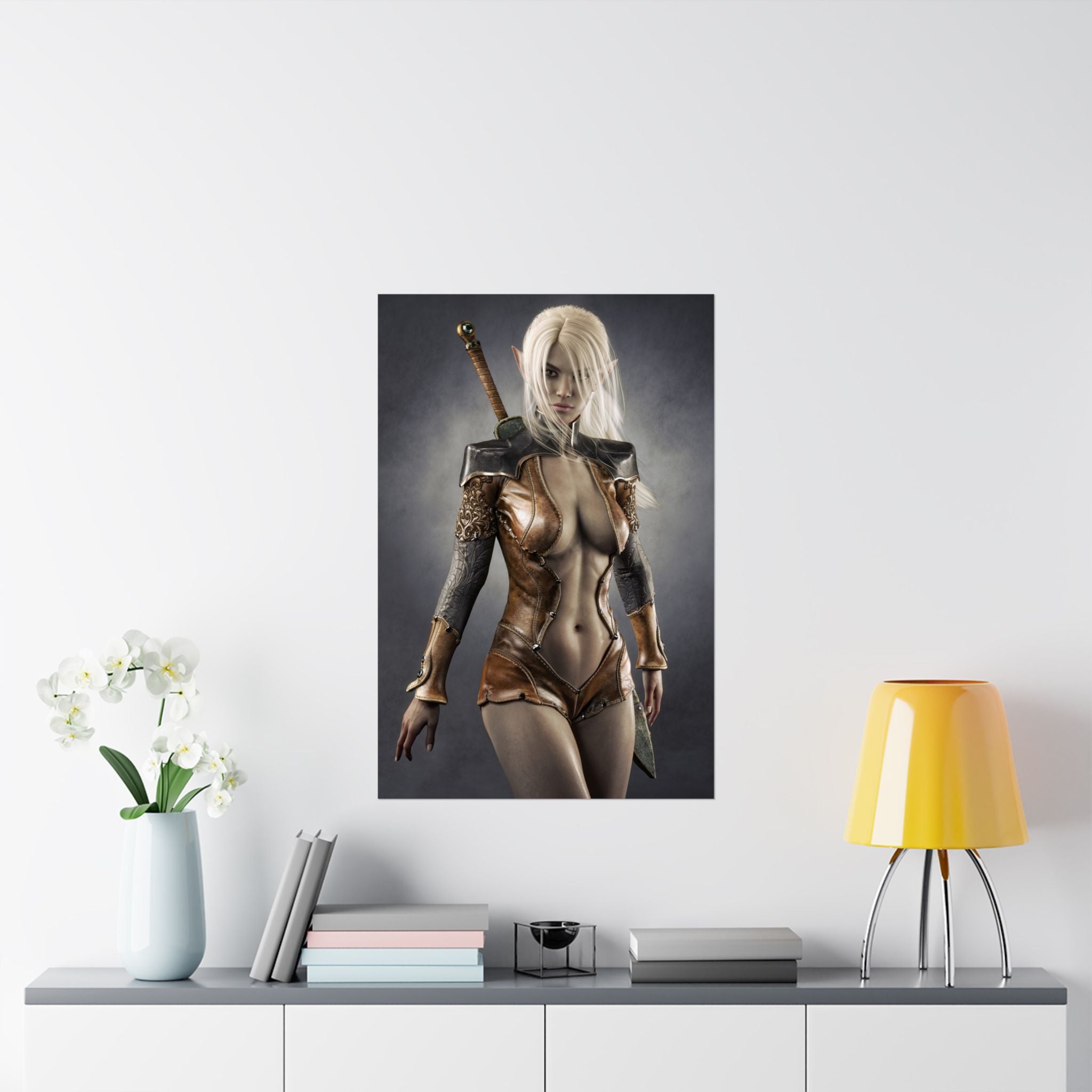 Hand-crafted fantasy artwork featuring a white-haired dark elf warrior wearing ornate leather armor with engraved sleeves and shoulder guards, standing confidently with a sword on her back against a dramatic studio background.