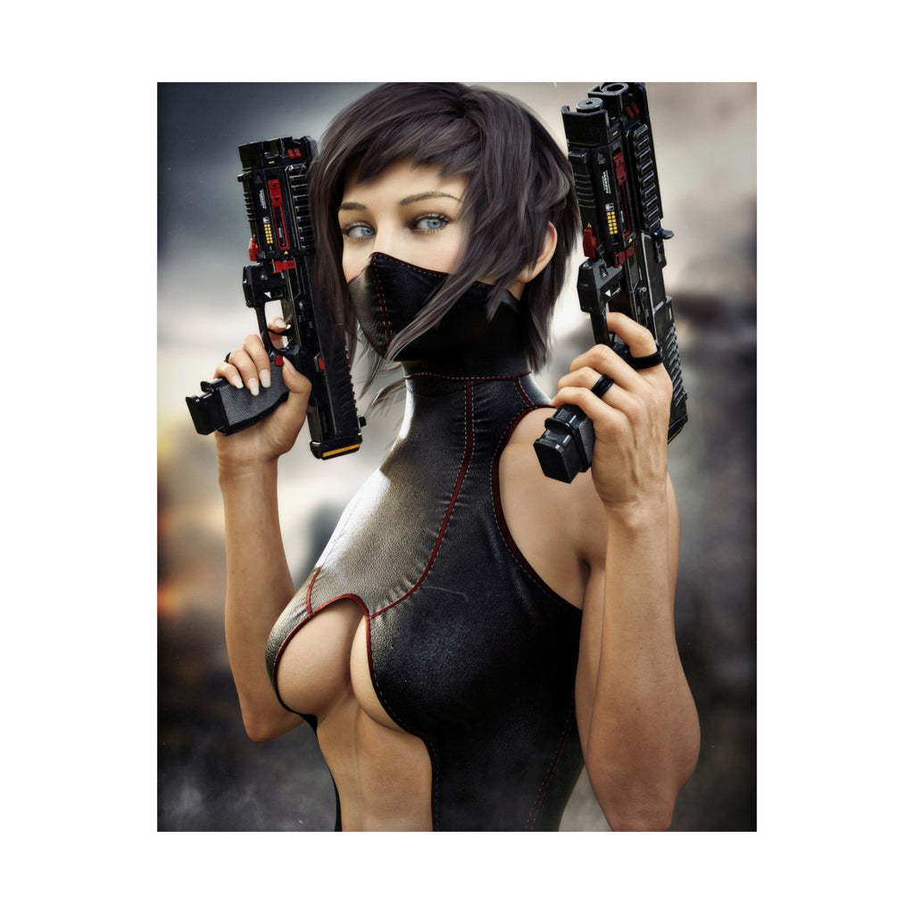 Original handcrafted sci-fi artwork featuring a futuristic female cyberpunk warrior wearing tactical armor and a face mask while holding dual advanced energy pistols.