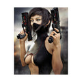 Original handcrafted sci-fi artwork featuring a futuristic female cyberpunk warrior wearing tactical armor and a face mask while holding dual advanced energy pistols.