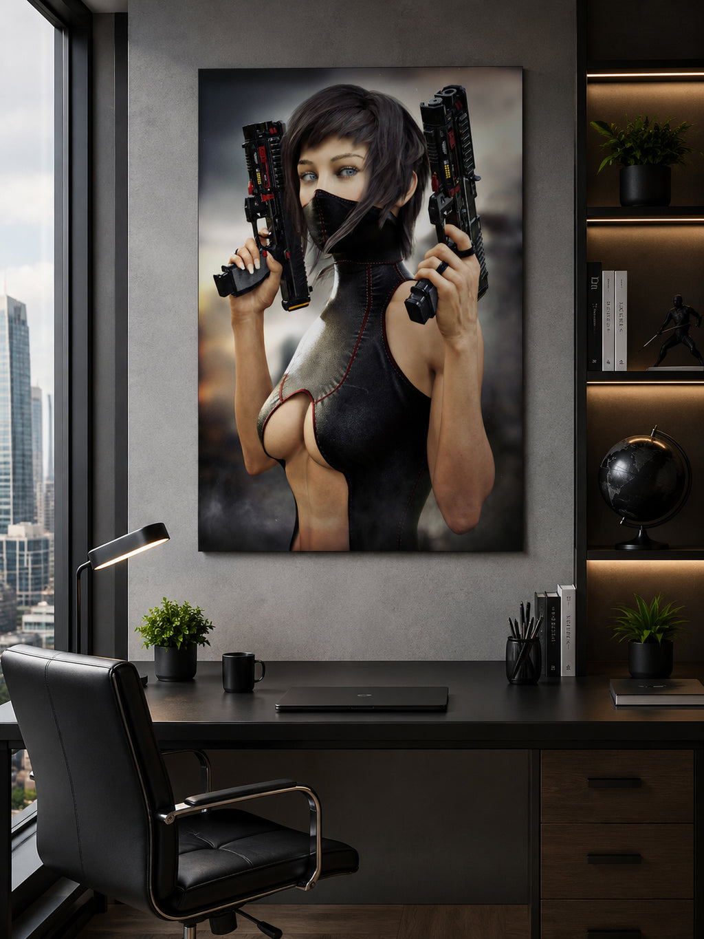 Original handcrafted sci-fi artwork featuring a futuristic female cyberpunk warrior wearing tactical armor and a face mask while holding dual advanced energy pistols.