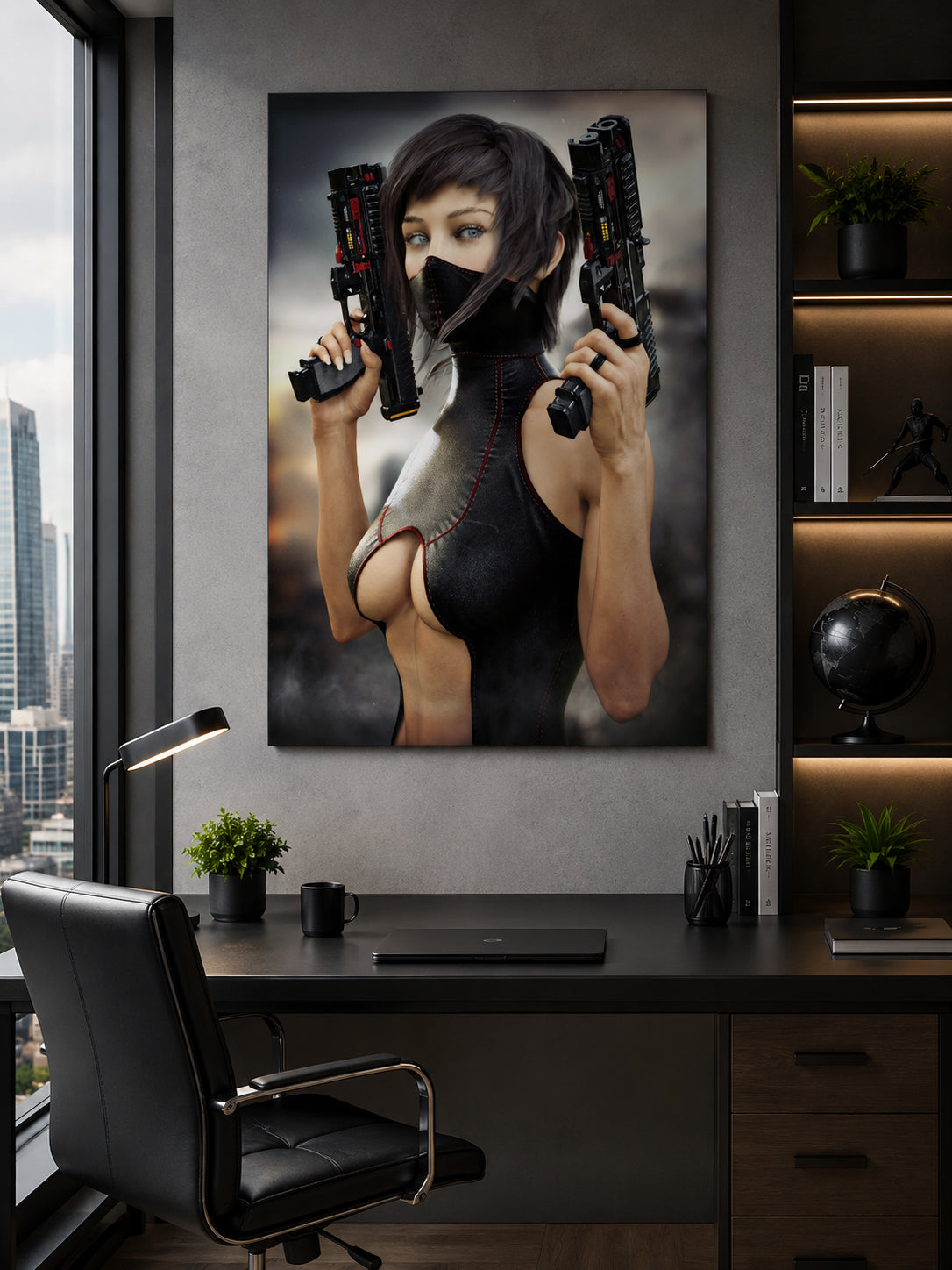 Original handcrafted sci-fi artwork featuring a futuristic female cyberpunk warrior wearing tactical armor and a face mask while holding dual advanced energy pistols.