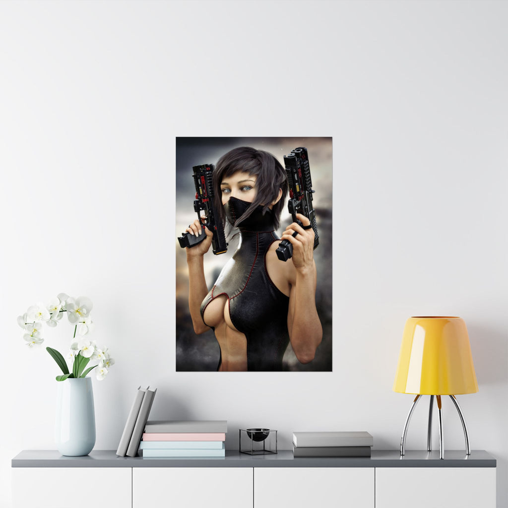 Original handcrafted sci-fi artwork featuring a futuristic female cyberpunk warrior wearing tactical armor and a face mask while holding dual advanced energy pistols.