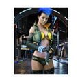 Original handcrafted cyberpunk artwork featuring a futuristic female warrior with neon blue hair, tactical cyber armor, glowing energy bracelets, and a futuristic handgun in a neon-lit city.