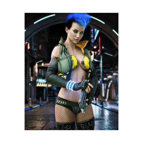 Original handcrafted cyberpunk artwork featuring a futuristic female warrior with neon blue hair, tactical cyber armor, glowing energy bracelets, and a futuristic handgun in a neon-lit city.
