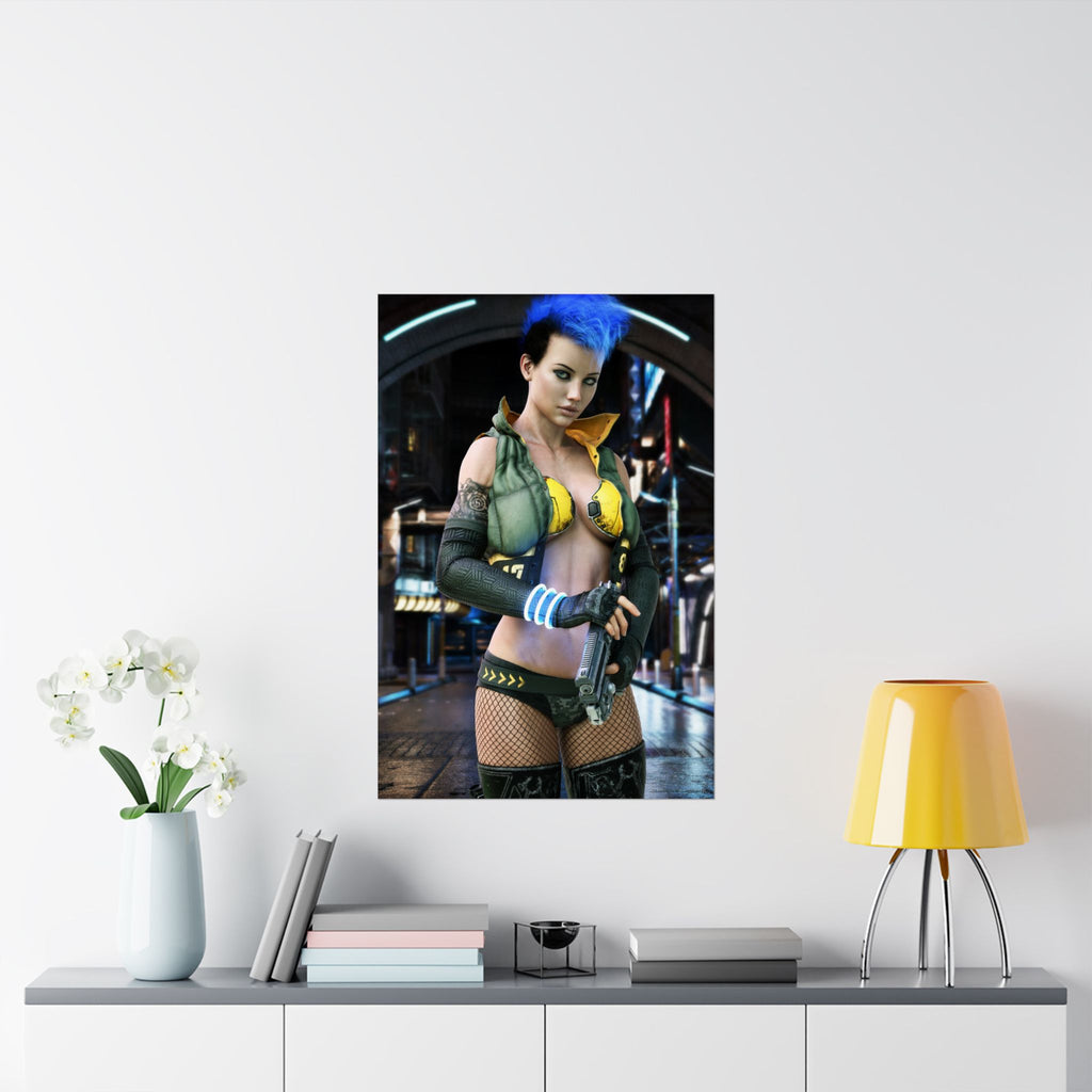 Original handcrafted cyberpunk artwork featuring a futuristic female warrior with neon blue hair, tactical cyber armor, glowing energy bracelets, and a futuristic handgun in a neon-lit city.