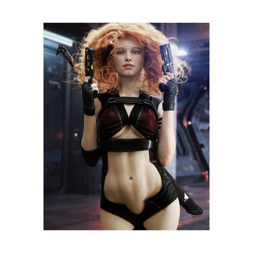 Original handcrafted sci-fi artwork featuring a futuristic female assassin with curly red hair holding dual advanced pistols inside a cyberpunk industrial environment.