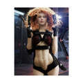 Original handcrafted sci-fi artwork featuring a futuristic female assassin with curly red hair holding dual advanced pistols inside a cyberpunk industrial environment.