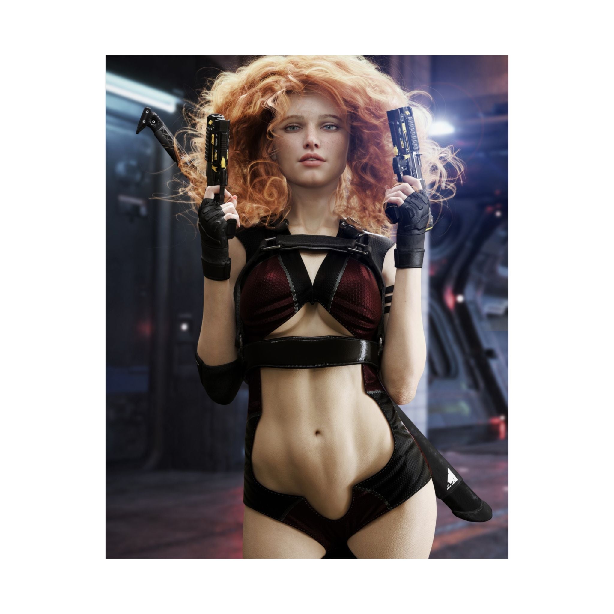 Original handcrafted sci-fi artwork featuring a futuristic female assassin with curly red hair holding dual advanced pistols inside a cyberpunk industrial environment.