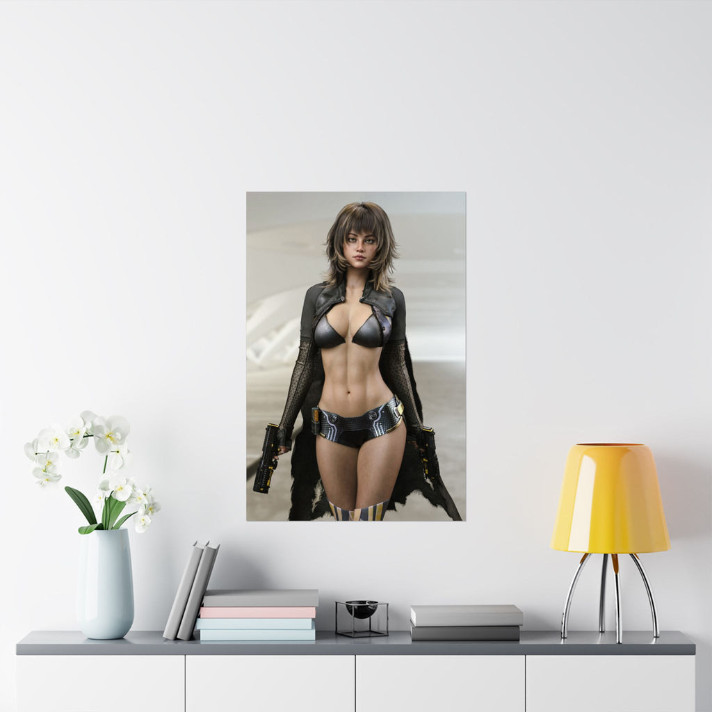 Original handcrafted sci-fi artwork featuring a futuristic female shock trooper armed with dual pistols, wearing advanced tactical armor inside a sleek futuristic environment.