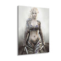 A powerful Dark Elf Assassin stands confidently holding twin daggers while wearing intricately engraved purple and silver armor. Her flowing platinum hair, pointed ears, and piercing gaze create a striking fantasy portrait enhanced by soft cinematic lighting and detailed craftsmanship inspired by epic fantasy adventures.